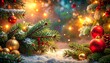 © digitalbysher - Christmas background with pine tree branches, golden ornaments and snowflakes, festive mood