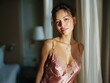 © Chanawat - Beautiful young woman in a silky pink slip dress, illuminated by warm sunset light, posing gracefully indoors.