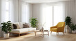 © Suryadi - Bright and airy minimalist living room interior with stylish modern furniture, large windows, white curtains, and potted green plants creating a tranquil and inviting home environment