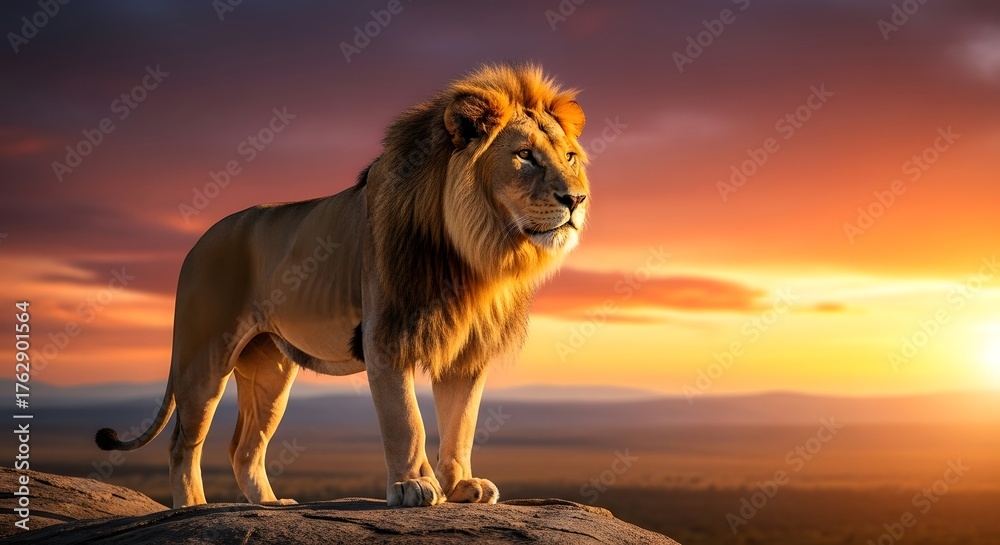 Majestic male lion standing proudly on a rocky outcrop against a ...
