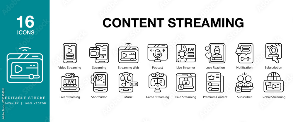 Content Streaming icon set. Includes content, streaming, stream, video ...