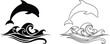 © Mostaque - Vector art of black and white outline and silhoutte of a dolphin jumping out of the ocean waves