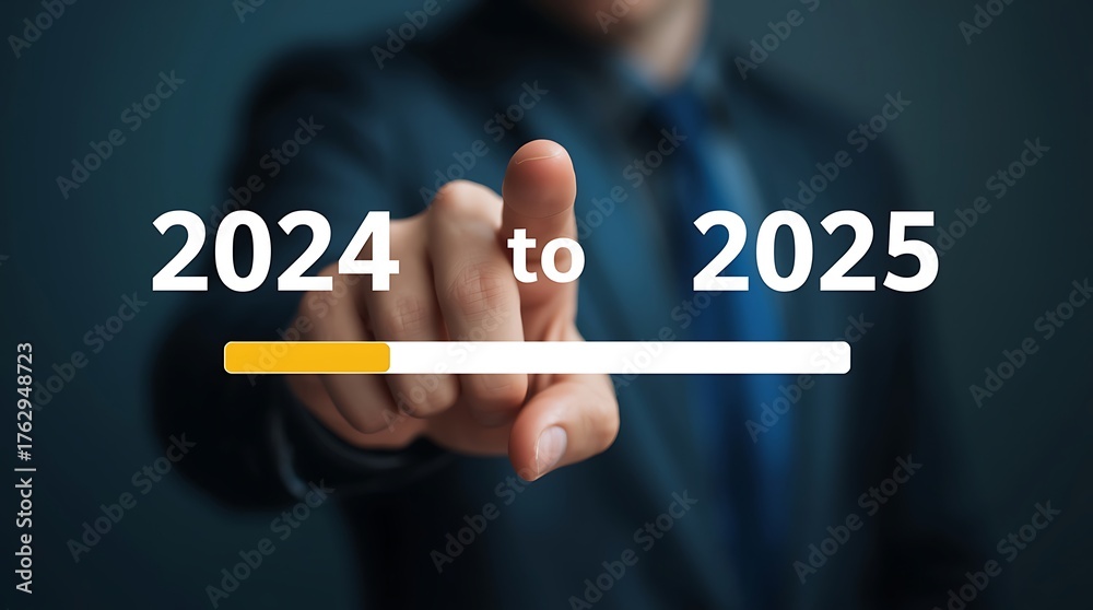 Progress and transition from 2024 to 2025 concept. A person pointing to ...