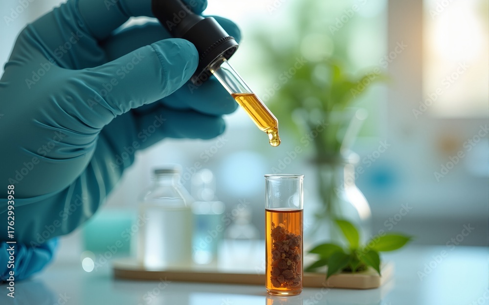 Dropper over test tube dropping sample chemical into sample herbal ...
