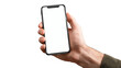 © jinna - Male hand holding a modern smartphone with a blank white screen isolated transparent background