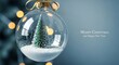© Ali Raza - A clear glass christmas ornament containing a miniature evergreen tree and snow sits on a blurred background with warm bokeh lights and a subtle merry christmas greeting