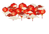 Vibrant red Chinese lanterns adorned with golden dragons and phoenixes float amidst auspicious clouds, celebrating festive traditions and cultural heritage with warm, inviting light.
