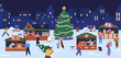 © Good Studio - Christmas fair, winter holiday market, festive street bazaar. Happy people shopping at urban outdoor booths at city square, New Year. Seasonal advent stalls, Xmas tree. Flat vector illustration