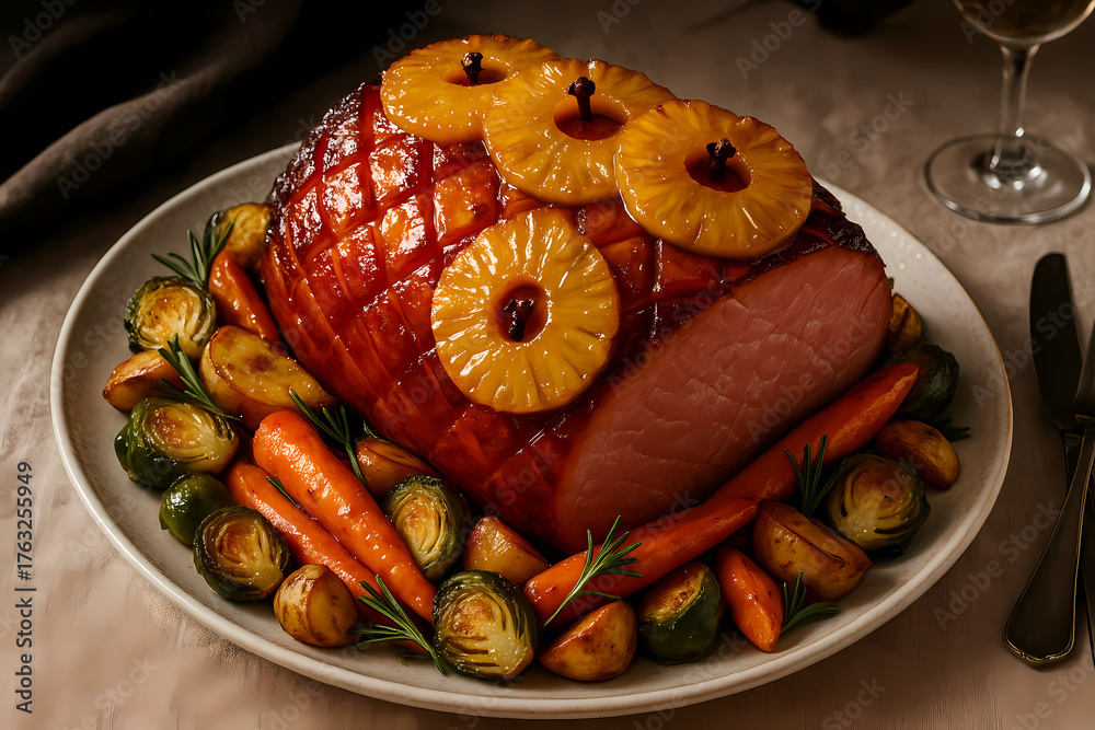 A delicious glazed ham with sweet pineapple rings, paired with roasted ...