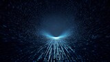 A tunnel of glowing blue digital particles creates a futuristic cyberspace concept.