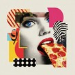 © Maryna - 80s Pizza. Pop Art Collage Composition of Female Mouth, Eyes, and Pizza Slice
