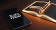 © NE97 - Black Friday promotion with smartphone and luminous book. Ideal for advertising, e-commerce, sale campaigns, book deals, technology product marketing, and seasonal discounts.