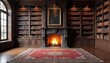 © Pete - Fireplace with burning logs warms elegant library filled with antique books. Tall wooden bookshelves line the walls, adorned with a classic portrait above the mantelpiece.
