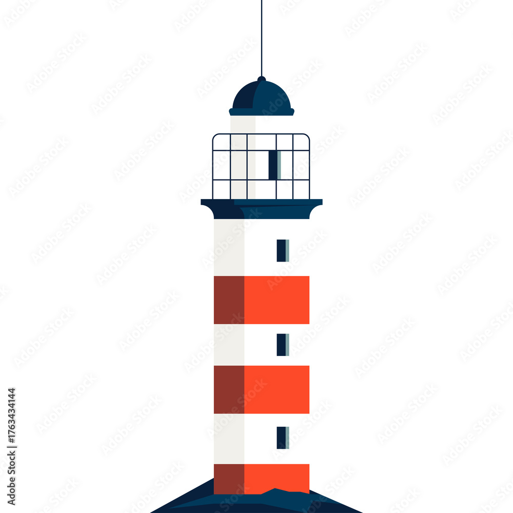A Tall White Lighthouse With Red Stripes Stands On A Dark Blue Base Against A Transparent Background With A Single Thin Line Extending Upwards From The Top.