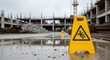© Norah Allen - A bright yellow wet floor caution sign stands on a muddy wet construction site reflecting the overcast sky and unfinished building structure Safety Warning Hazard Slippery Danger Water