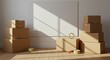 © Running opossum - sunlit room with stacked cardboard boxes and packing materials in preparation for moving day