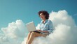 © Pete - Smiling woman with glasses types on laptop computer, sitting on a cloud high in the blue sky. She enjoys remote work and a dream job, embracing freedom and digital nomad lifestyle.