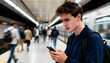 © Running opossum - young man confused by smartphone message while waiting for subway on busy platform