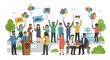 © Nurul - Illustration of a group of people gathered in a park for an event, holding signs and balloons, with a speaker at a podium.