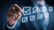 © sha - Completing Task Checklist with Pen in Hand Business Concept Detailed Checkmarks and Boxes for Project Management Assessment List Quality Control Review Process Planning Confirmation