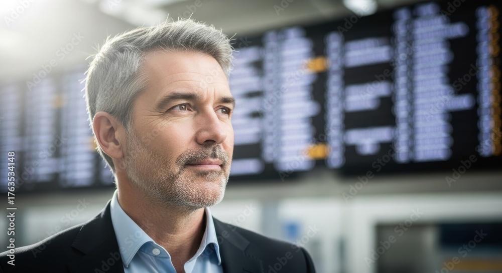 Man with gray hair looks thoughtfully at airport departure board while ...