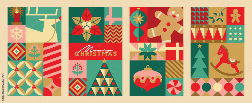 Set of Christmas patterns and elements in flat geometric style ...