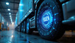 © Pete - Truck wheel displays 900 digital progress. Futuristic interface shows data and performance metrics on tire. Advanced tech for logistics and fleet management.