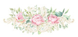 Rococo Watercolor Pink Rose Border, floral frame PNG, hand-painted Bouquet 