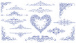 © Sidvec - A collection of intricate blue swirling decorative elements, including corners, borders, and a central heart shape, on a white background.