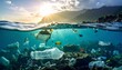 © ShareAboutThings - Split-level view of a beautiful sunset over the sea, with plastic pollution and garbage contaminating the underwater world
