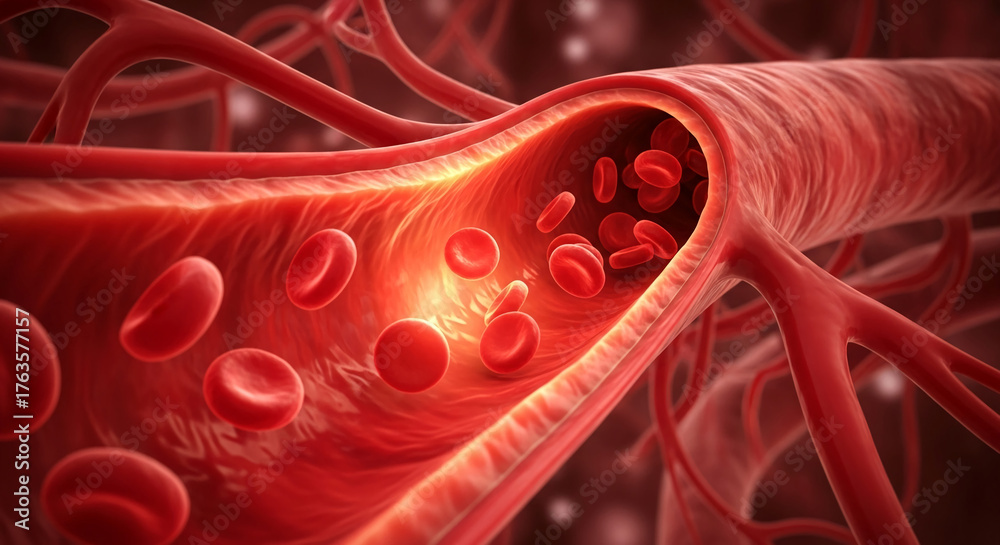 Microscopic view of red blood cells flowing through artery, showcasing ...