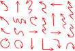 © Top - Blue pen arrow collection on checkered paper sheet. Hand drawn crayon various arrows, curved, wavy and straight lines. Direction pointers for notes, doodle and school design. Playful emphasis elements