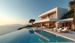 © Pete - Exterior of modern villa with ocean view and infinity pool. Architecture design. White luxury house on sea coast. Holiday in resort, vacation on tropical island. Relaxing at swimming pool in summer.