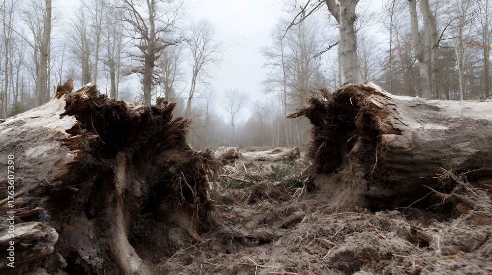 Nature Damage Exposed roots of uprooted trees dominate a muddy forest clearing ...