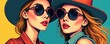 © Pete - Two stylish women wearing sunglasses, hats. Illustration modern fashion. Image features vibrant colors, trendy accessories. Design suitable for fashion blogs, magazines, ads, apparel prints. Artwork