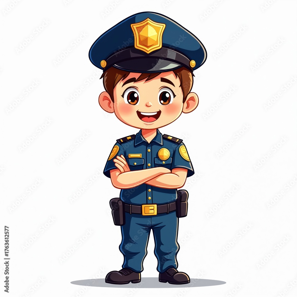 Smiling cartoon cop character illustration on white backdrop. Boy wears ...