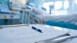© photo for everything - Focused on medical form on a clipboard with pen in a hospital room. The setting evokes a sense of clinical precision, highlighting healthcare documentation process.