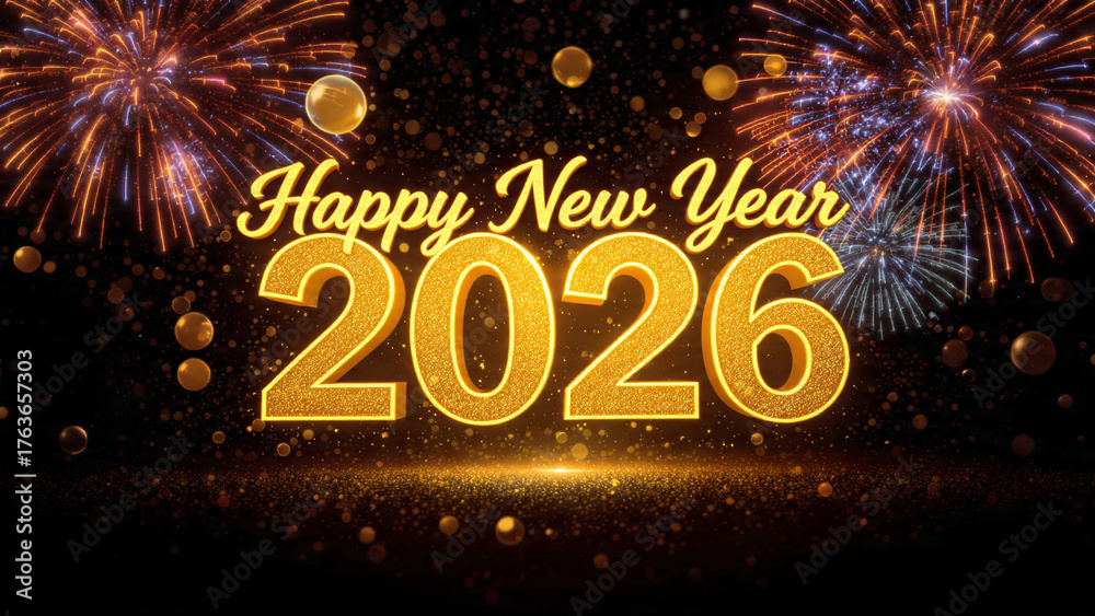 Bright golden happy new year 2026 text with fireworks and bokeh lights ...