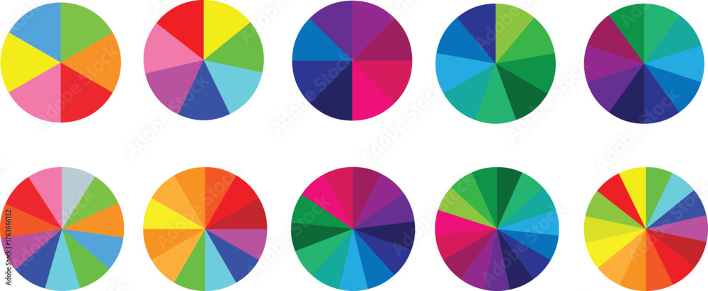 Pie chart color icons. Segment slice sign. Circle section graph.,6,7,8 ...