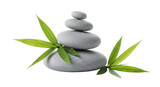Stacked zen stones with green bamboo leaves isolated on transparent background