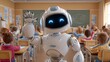 © Jojo* - Advanced robotic instructor engages with students raising hands in a bright classroom environment