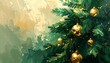 © Débora Floriano - Fundo natal, árvore de natal, plano de fundo, papel de parede, pintura, enfeite de natal, feriado, luz, dourado, verde, fundo natalino, ilustração, óleo em tela, cultura, dezembro, alegre, pinhas