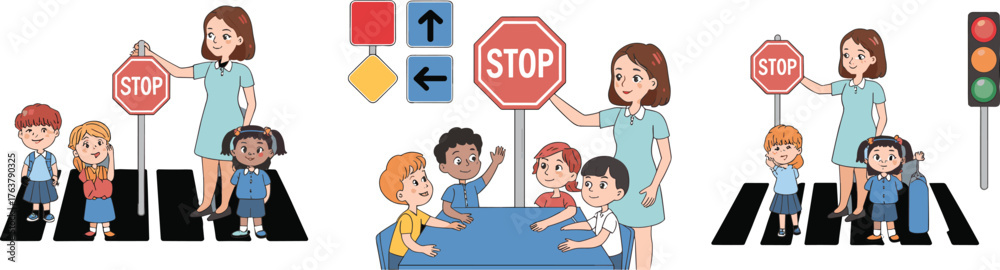 Traffic safety education for children, pedestrian crosswalk, stop sign ...