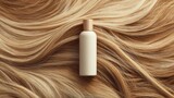 Hair product bottle mockup resting on blonde wavy hair, showcasing hair care, beauty, cosmetic, and styling concepts with clean packaging for shampoo or conditioner