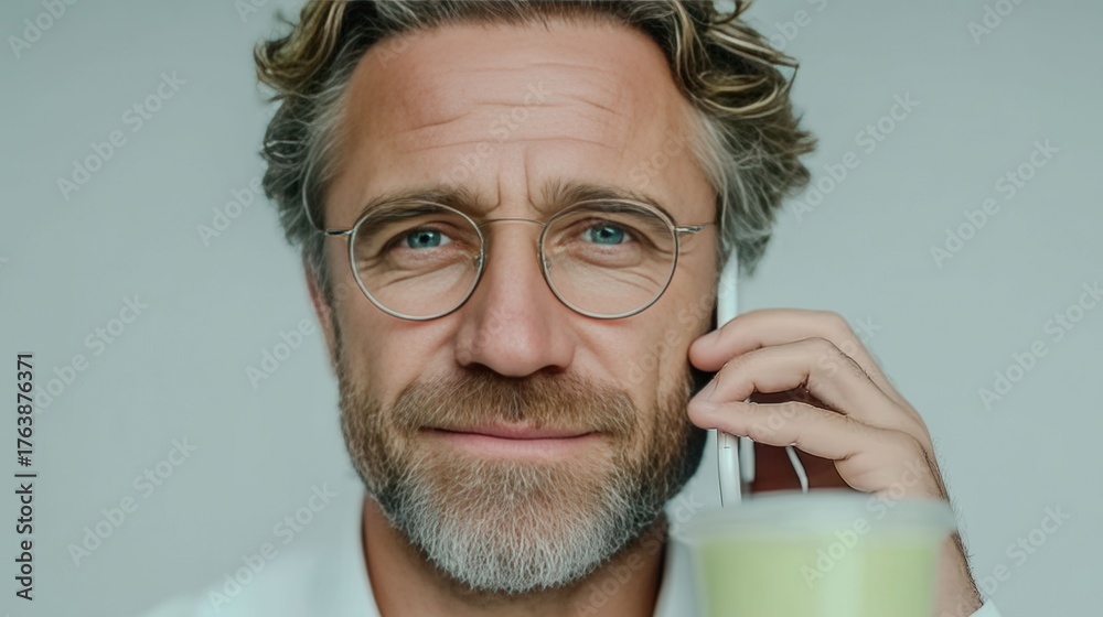 A man with glasses is talking on a cell phone while holding a cup