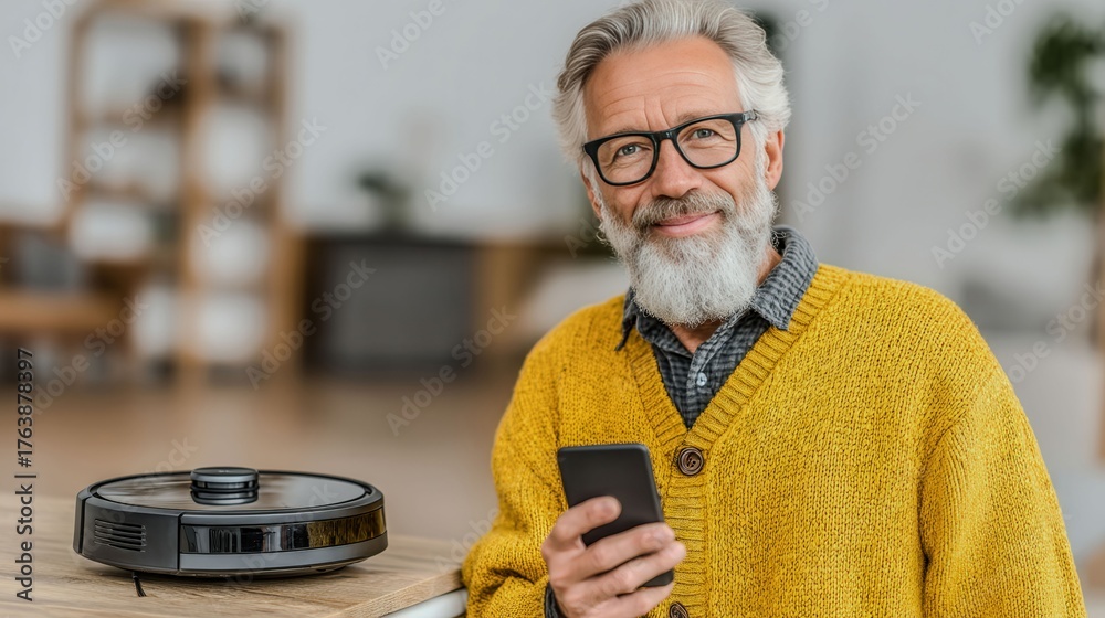 A man in a yellow sweater is smiling and holding a cell phone