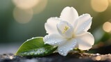  a white gardenia flower with water droplets on it, set against a blurred background