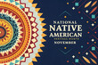 © Creative - Vibrant Geometric Design Celebrating National Native American Heritage Month in November with Rich Cultural Patterns and a Dark Blue Background
