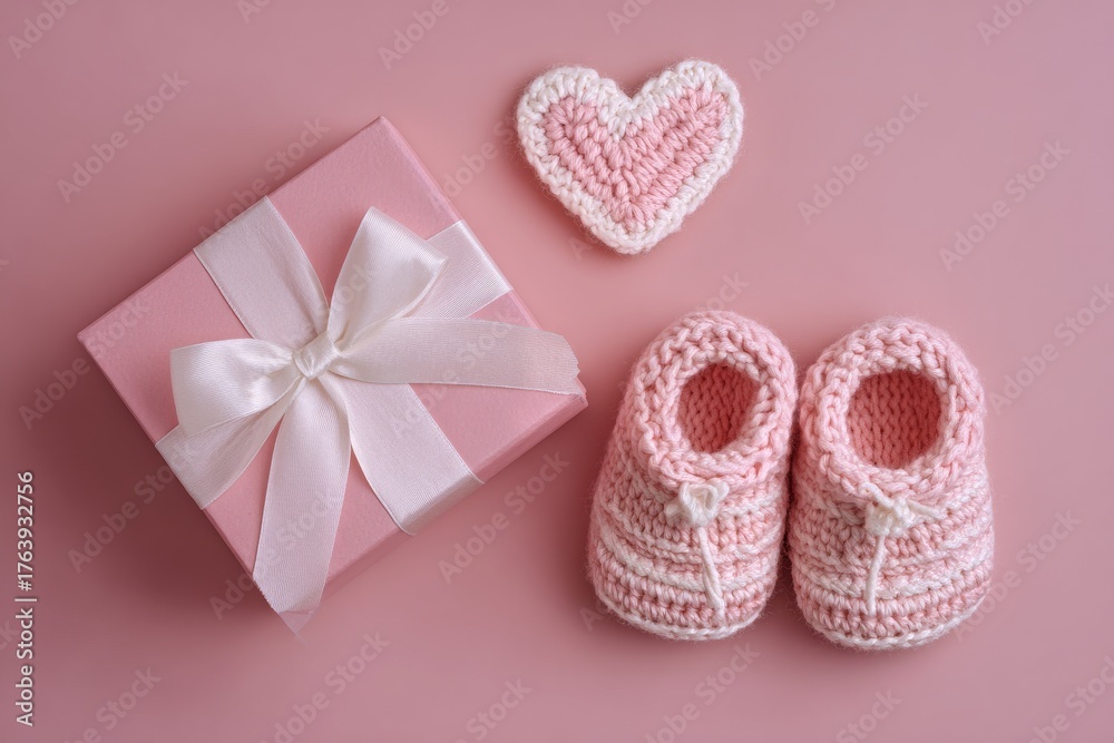 Gift Box With Pink Baby Shoes and Knitted Heart on Soft Pink Background