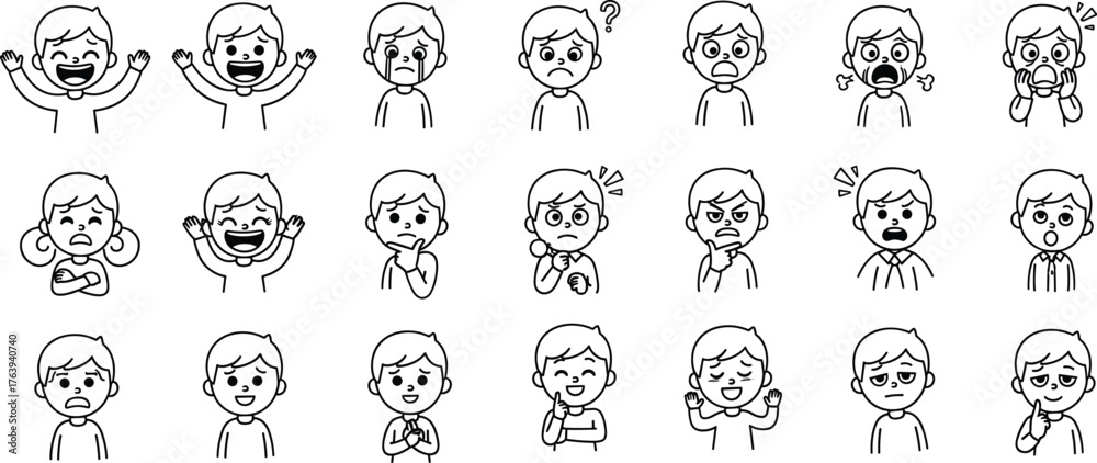 Cartoon Child Facial Expressions and Body Language Showing Emotions, Reactions, Mood, Crying, Thinking, Anger, Surprise, Determination